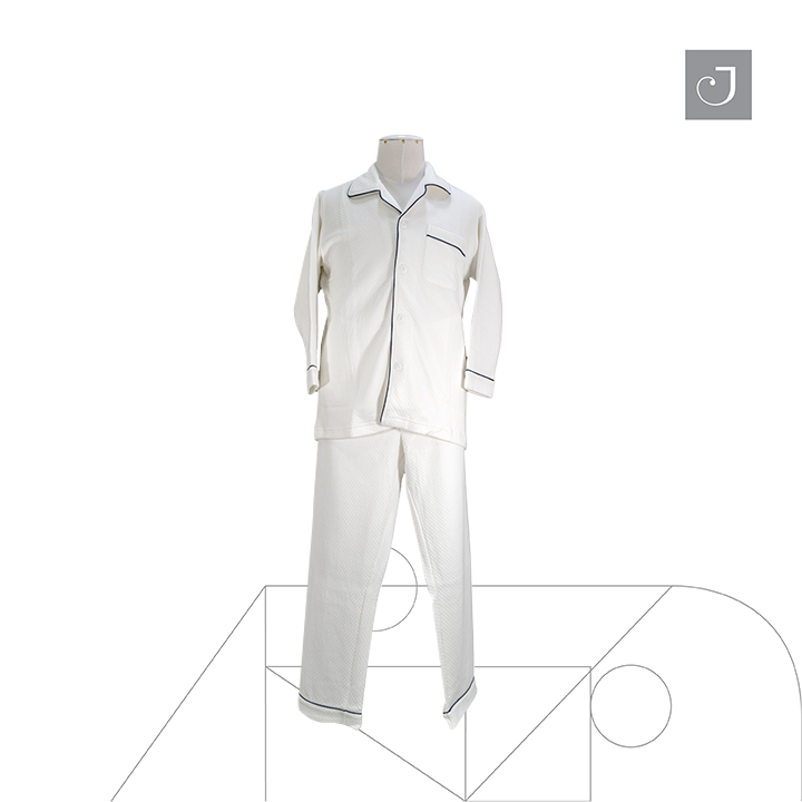 Pijama de piqué blanco con filo azul, diseño de huellitas - Jocathex